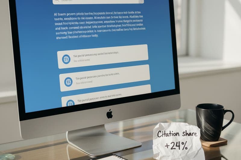AI answer page with three numbered citation cards on a desktop monitor next to a printed citation share report