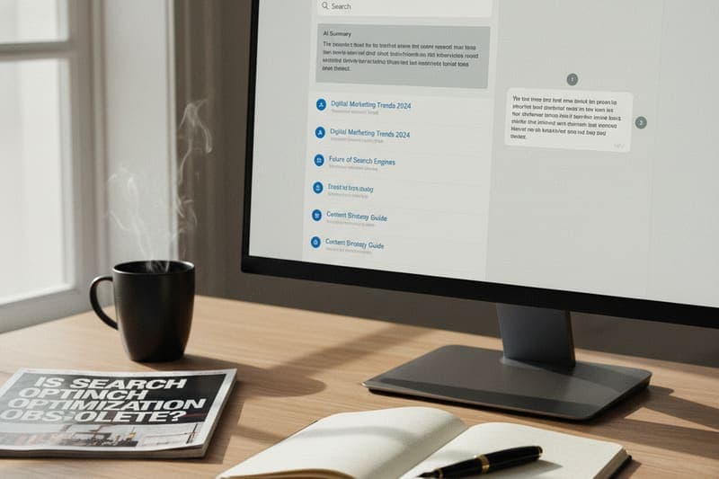 Monitor split-screen showing Google with an AI Overview beside a ChatGPT answer, with a magazine titled IS SEO DEAD? on the desk