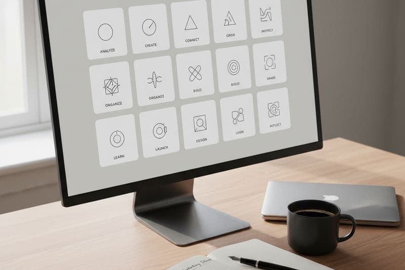 Monitor showing a 5-by-3 grid of fifteen app tiles next to a notebook headed '2026 Marketing Stack'