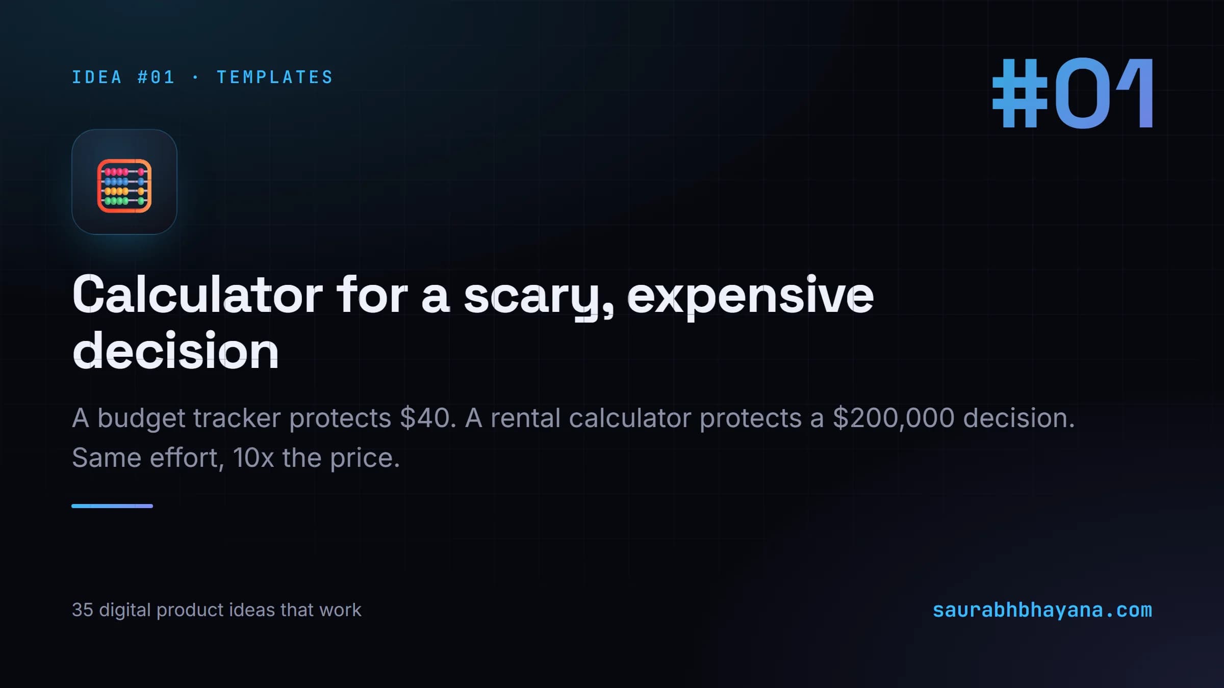 Digital product idea number 1: A calculator for a scary, expensive decision. One of 35 specific digital product ideas across six buckets.