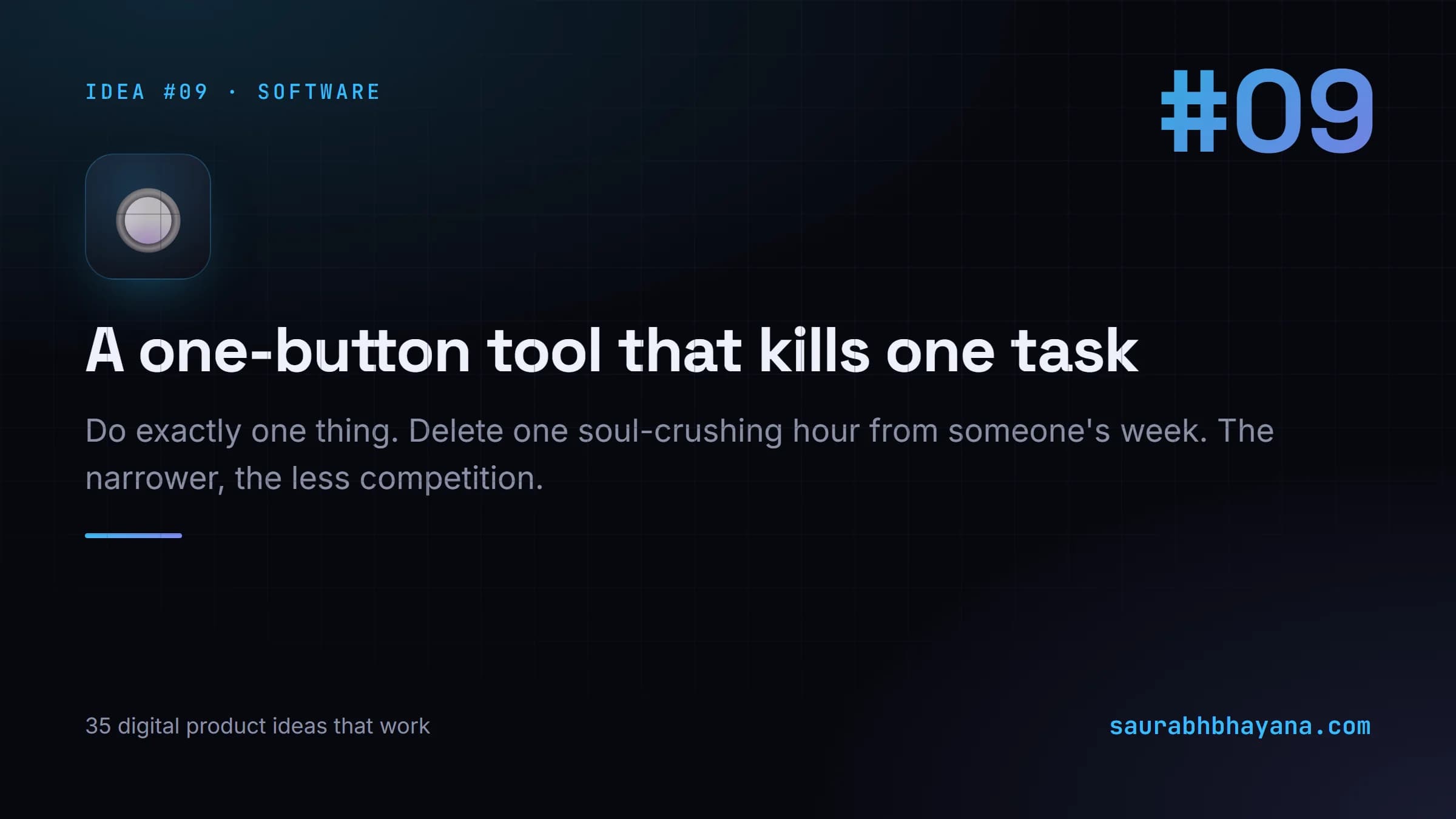 Digital product idea number 9: A one-button tool that kills one annoying task. One of 35 specific digital product ideas across six buckets.