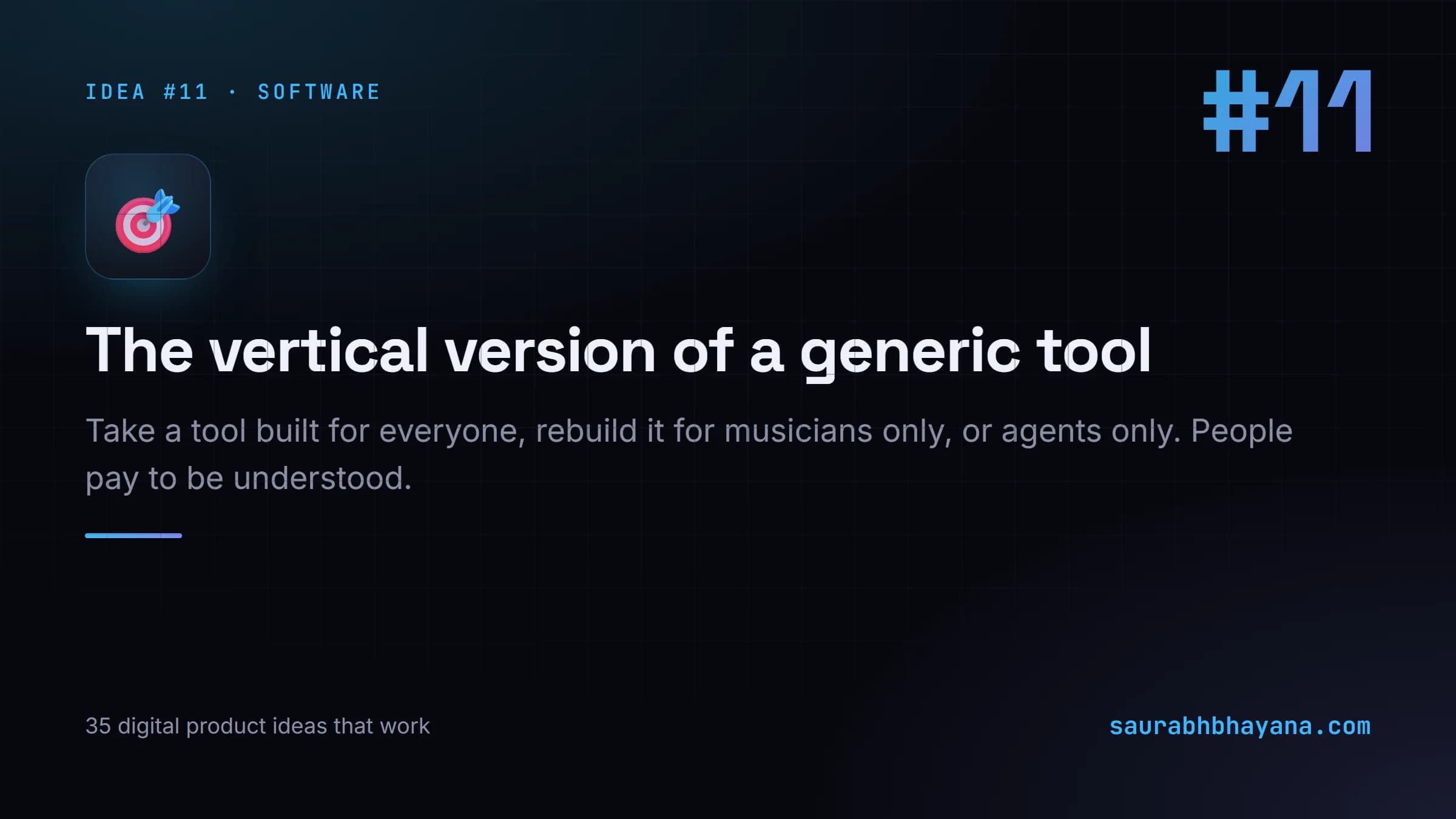 Digital product idea number 11: The vertical version of a tool that already exists for everyone. One of 35 specific digital product ideas across six buckets.