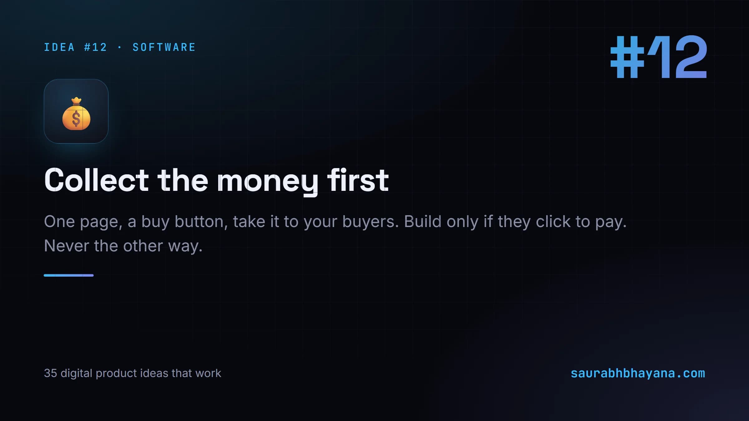 Digital product idea number 12: Collect the money first. One of 35 specific digital product ideas across six buckets.