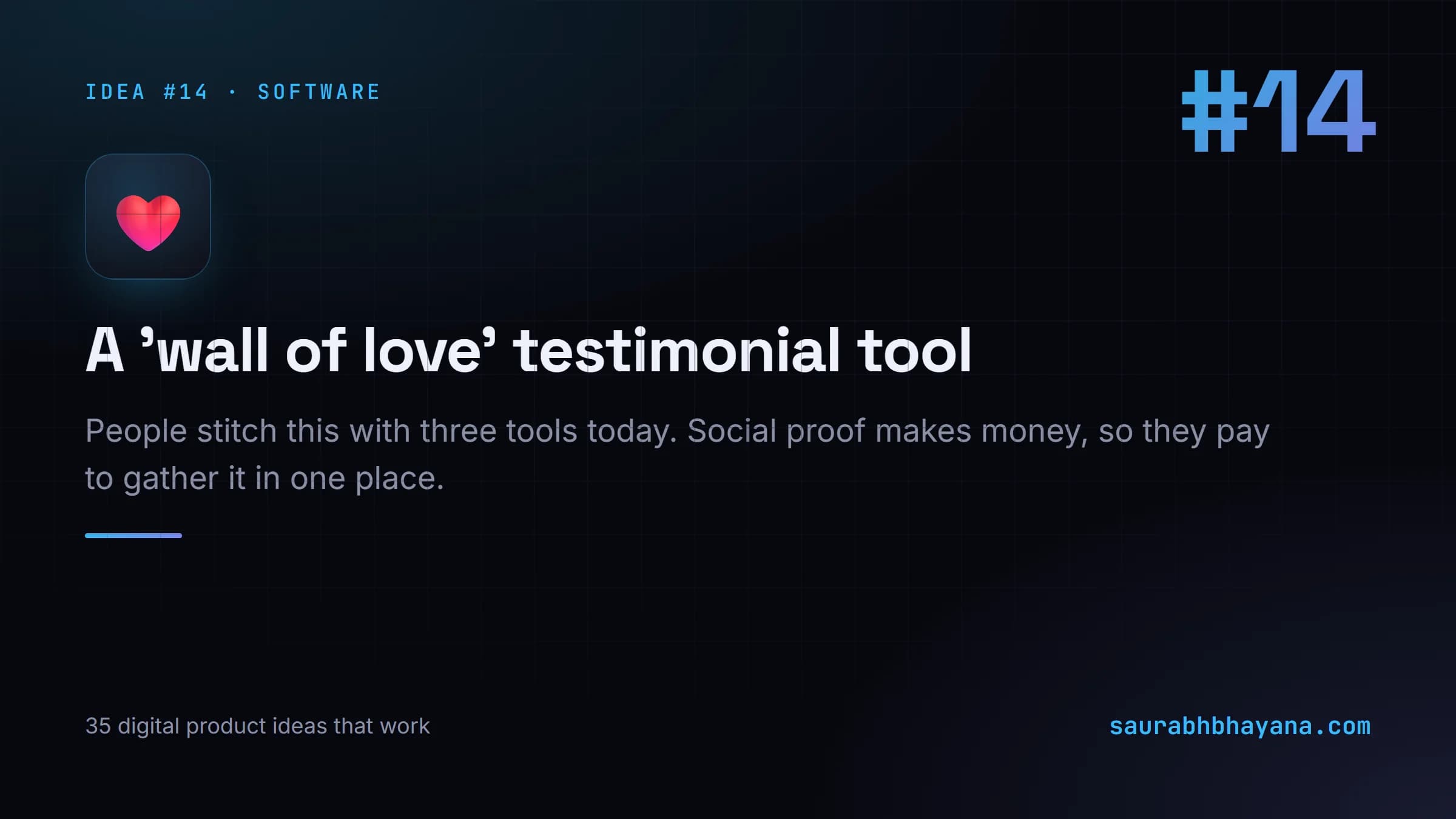 Digital product idea number 14: A 'wall of love' testimonial tool. One of 35 specific digital product ideas across six buckets.