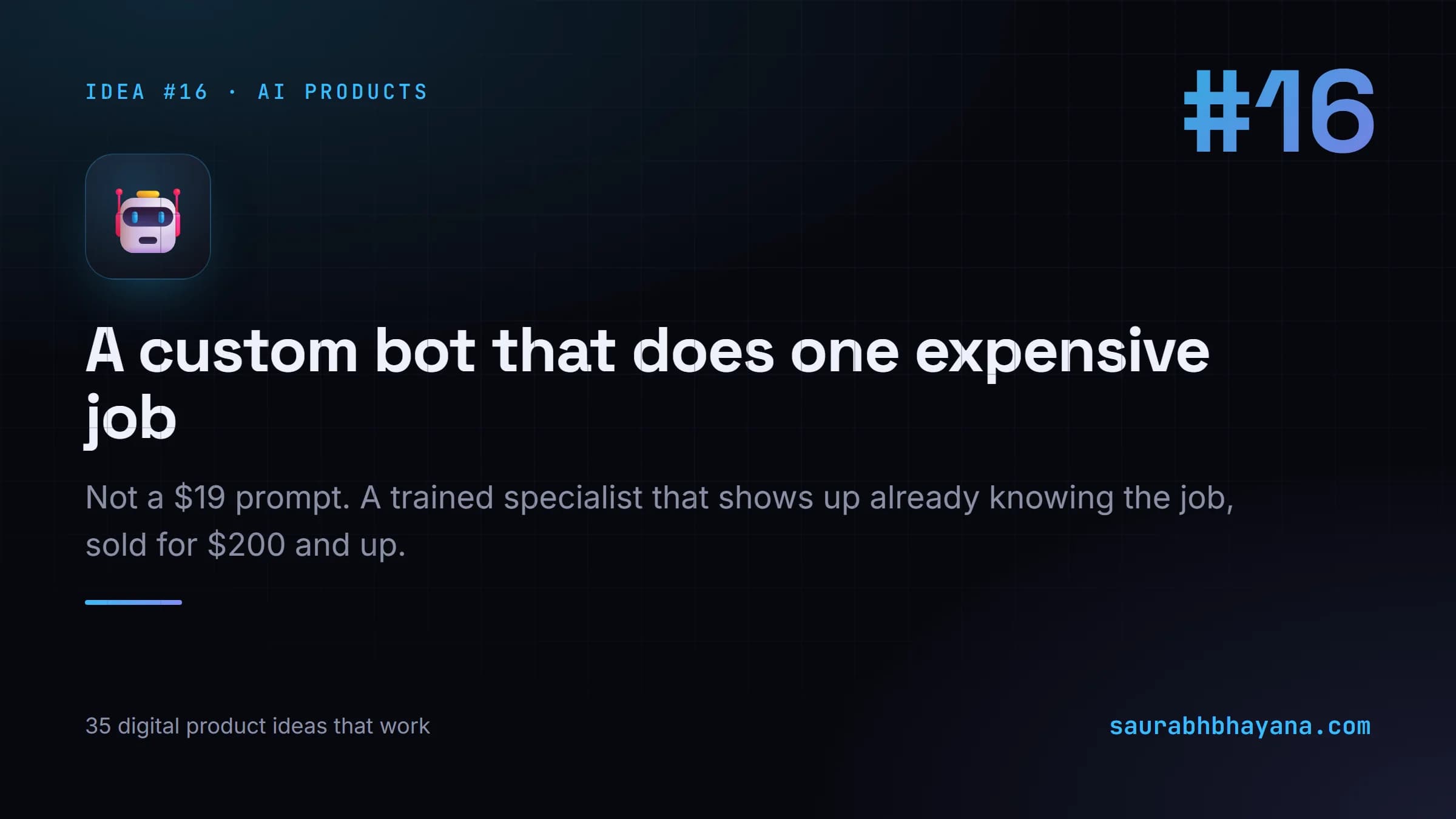 Digital product idea number 16: A custom bot that does one expensive job. One of 35 specific digital product ideas across six buckets.