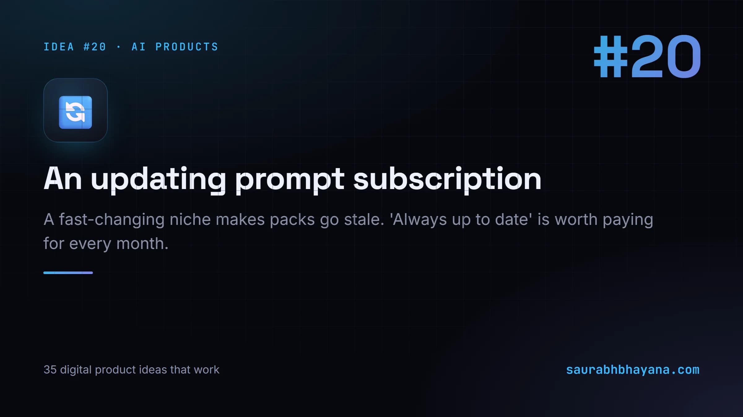 Digital product idea number 20: An updating prompt subscription for a fast-changing niche. One of 35 specific digital product ideas across six buckets.