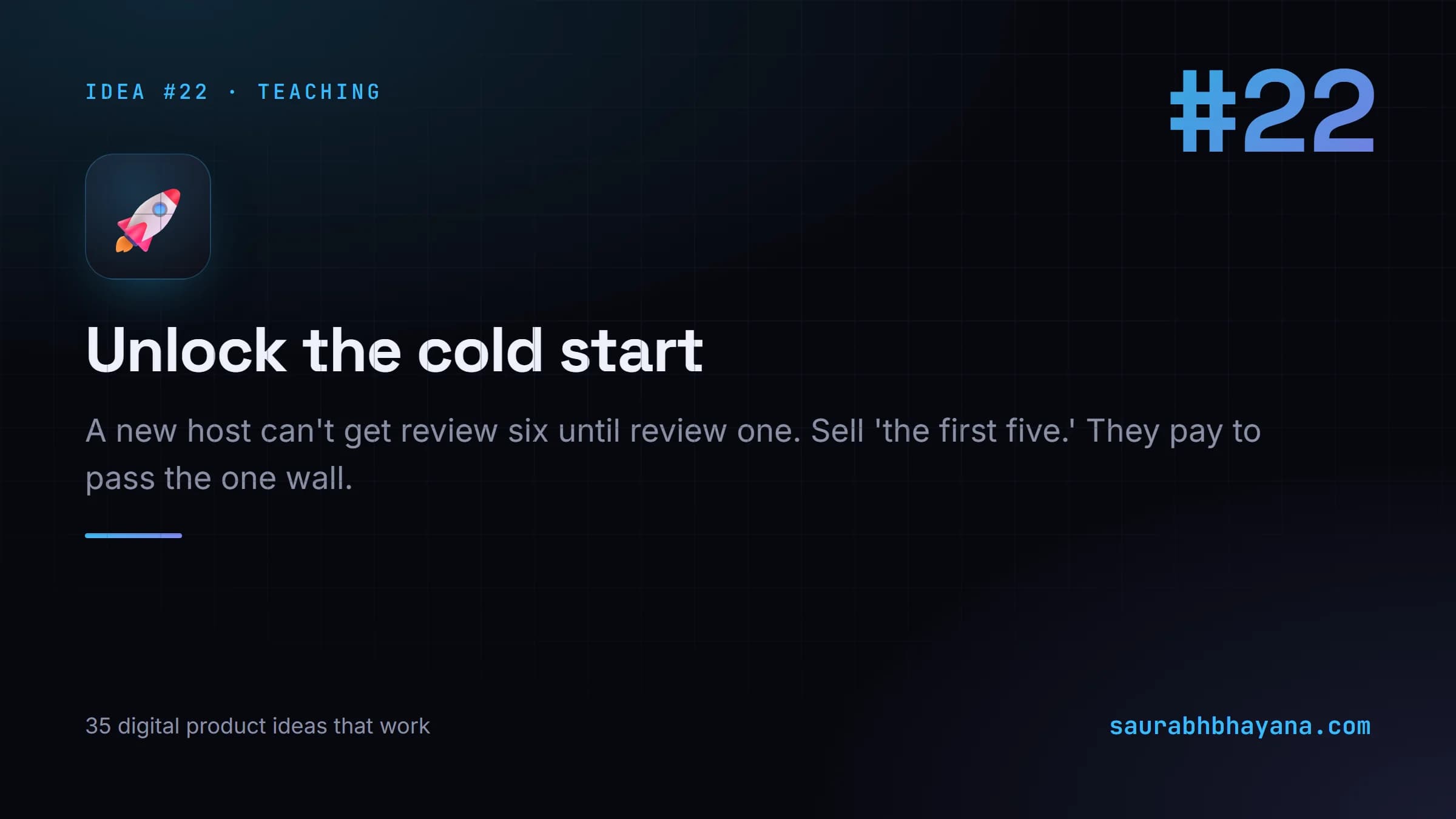 Digital product idea number 22: Unlock the cold start. One of 35 specific digital product ideas across six buckets.
