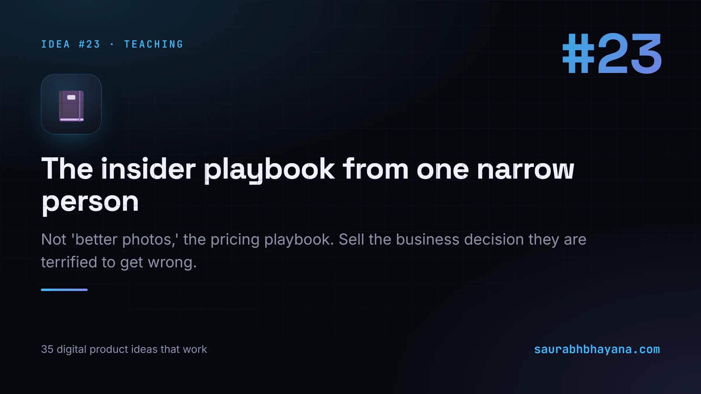Digital product idea number 23: The insider playbook from one narrow person. One of 35 specific digital product ideas across six buckets.
