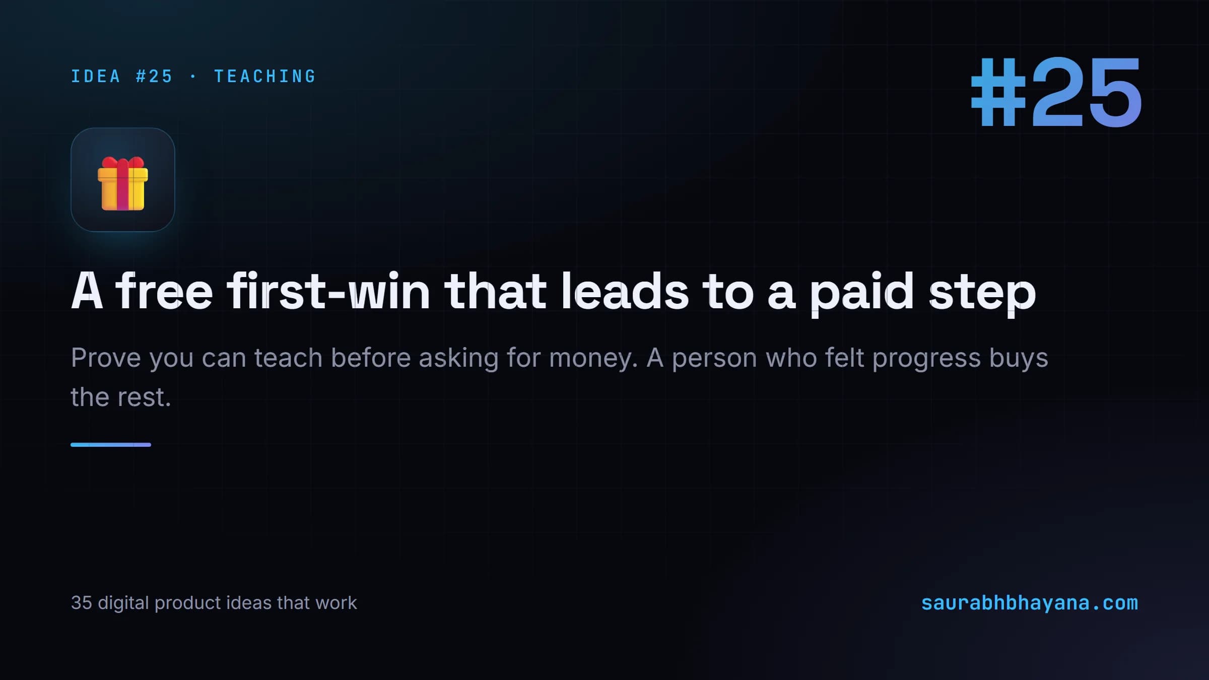 Digital product idea number 25: A free first-win mini lesson that leads into a paid one. One of 35 specific digital product ideas across six buckets.