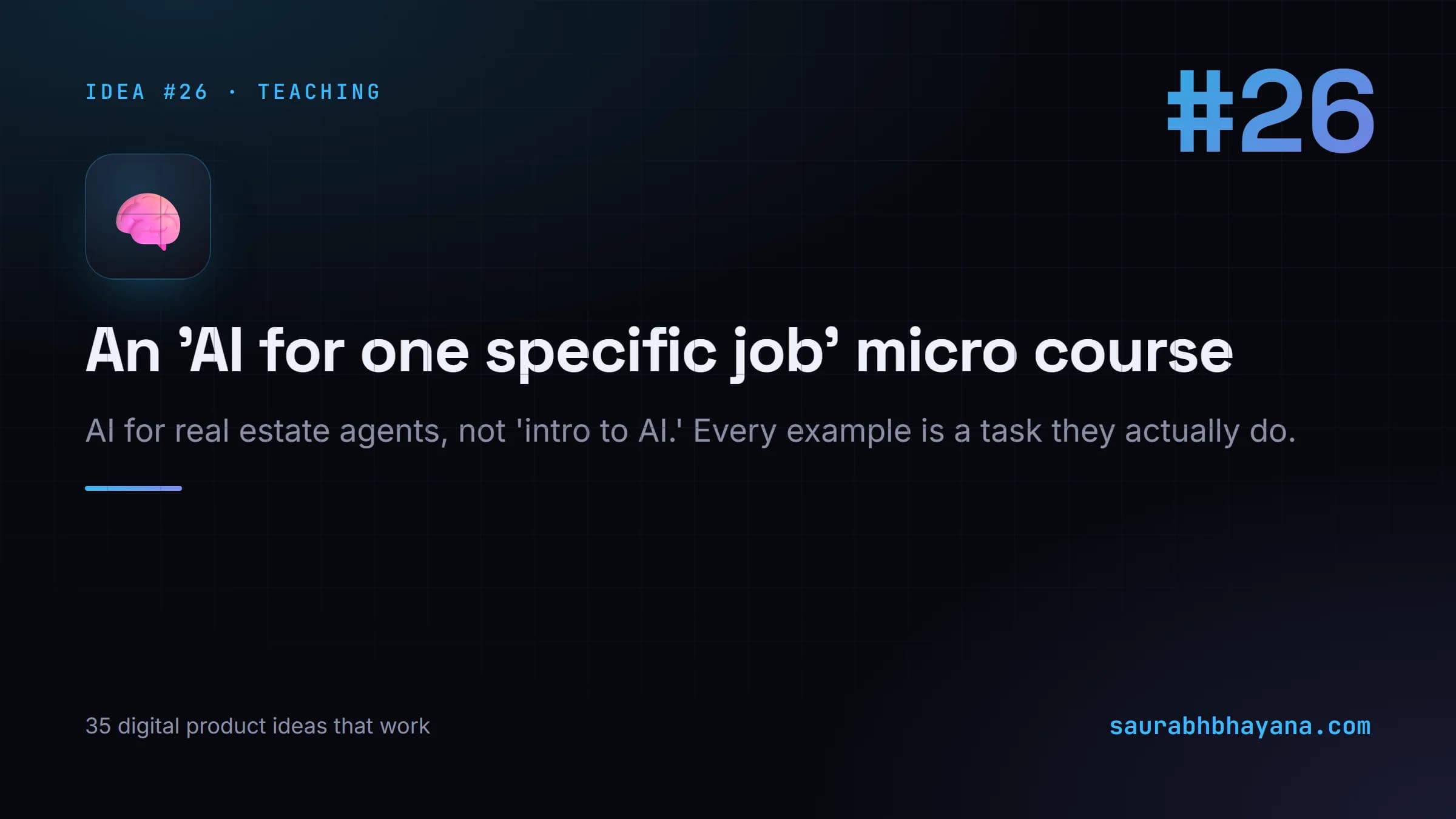 Digital product idea number 26: An 'AI for one specific job' micro course. One of 35 specific digital product ideas across six buckets.