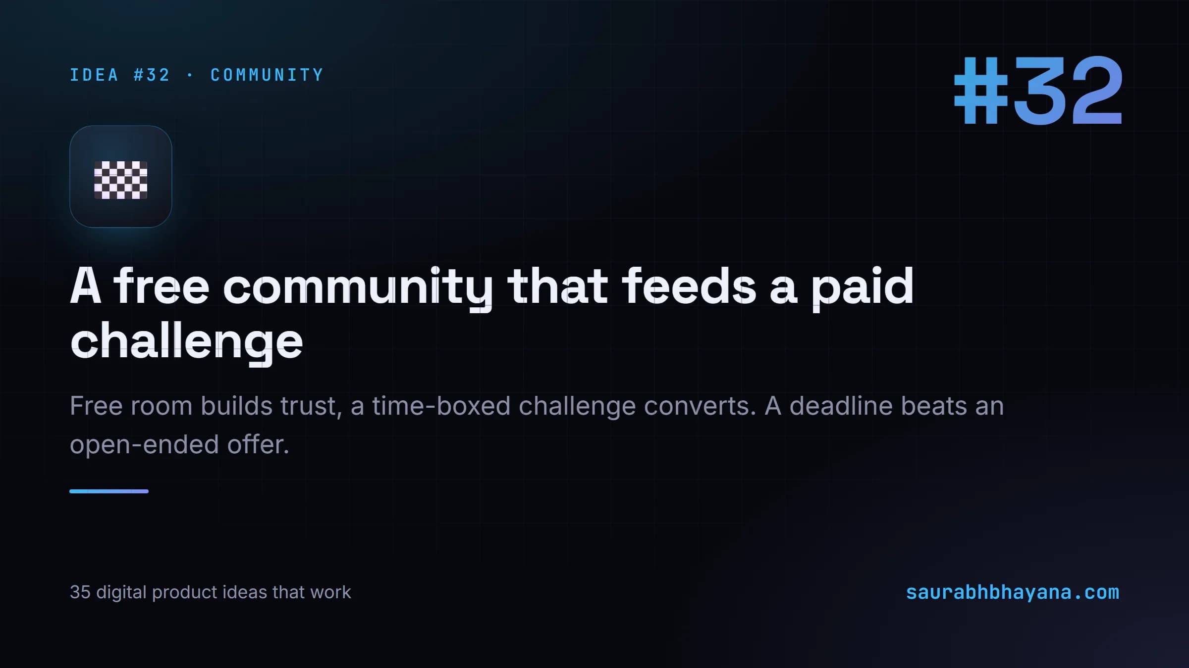 Digital product idea number 32: A free community that feeds a paid challenge. One of 35 specific digital product ideas across six buckets.