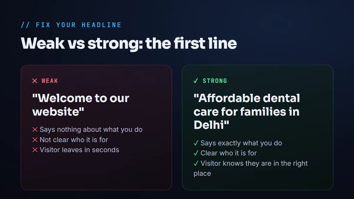 Homepage headline comparison: a weak Welcome to our website headline versus a strong specific headline that says what you do and who it is for