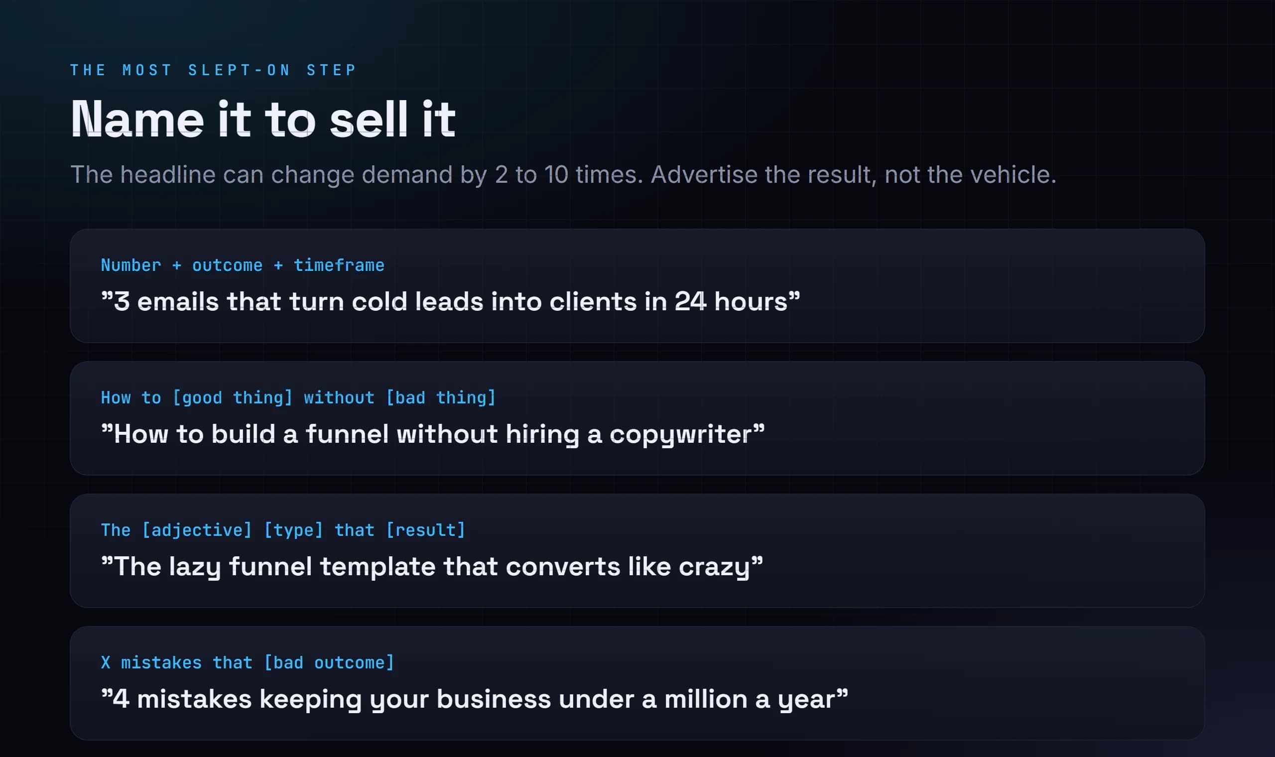 Four proven lead magnet naming formulas with examples: number plus outcome plus timeframe, how to get a good thing without a bad thing, the adjective type that gets a result, and X mistakes that cause a bad outcome