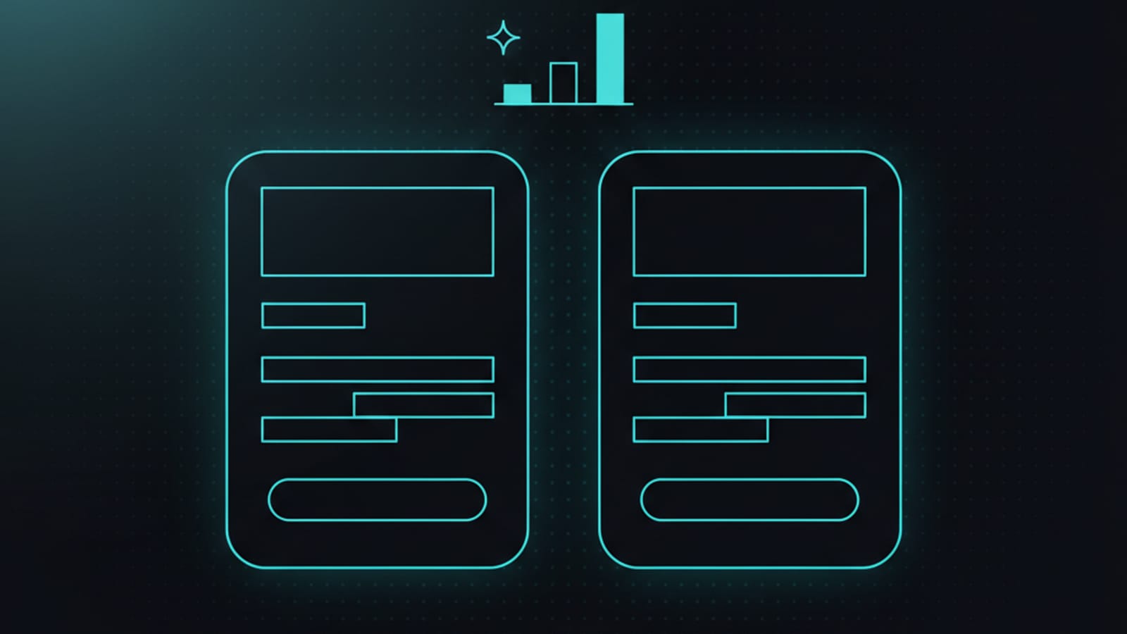 Two side-by-side A/B test mockups with a small bar chart showing the winning variant