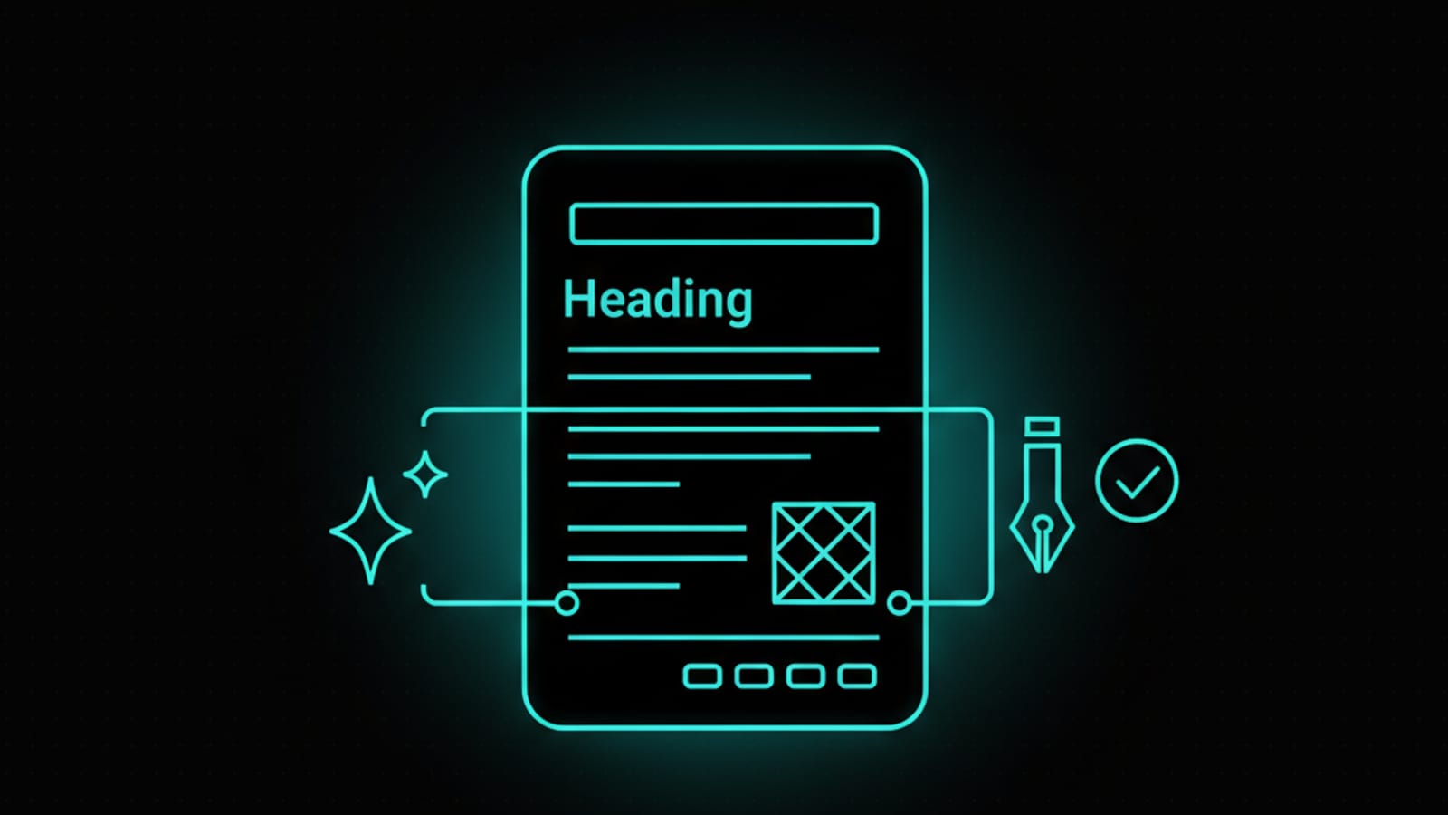 Blog post layout illustration with AI-generation sparkle and human-edit pen glyphs