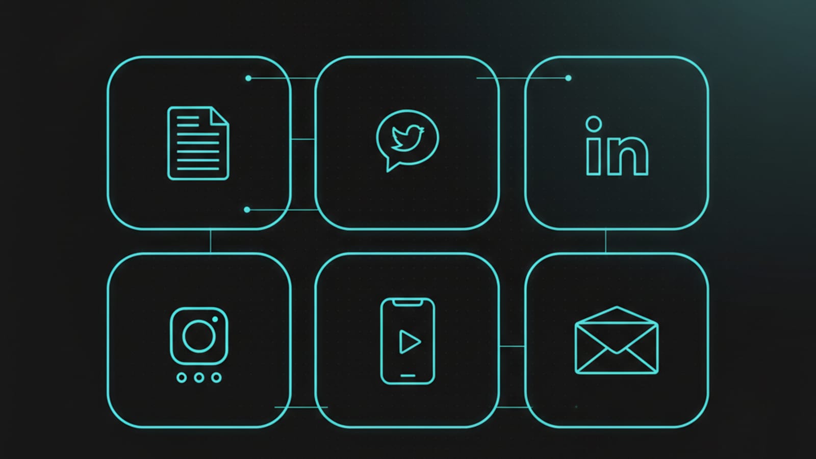 Grid illustration of six output formats — blog, Twitter thread, LinkedIn, carousel, Reels, newsletter
