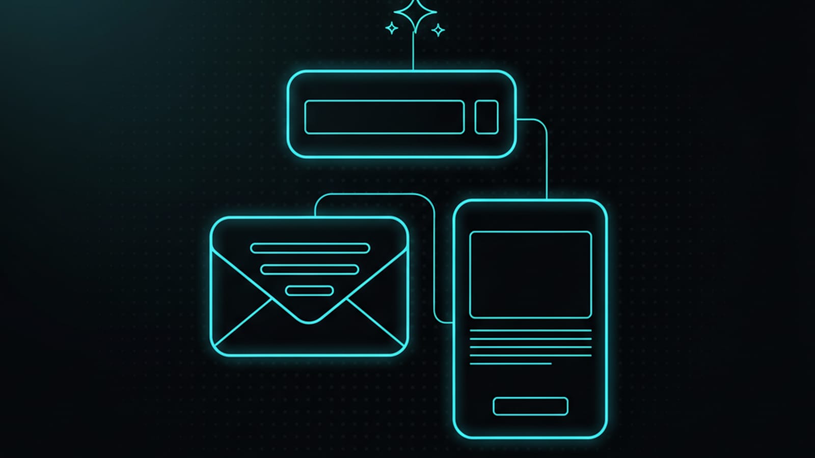 Stack of ad, email, and landing page creative units with AI sparkle glyph