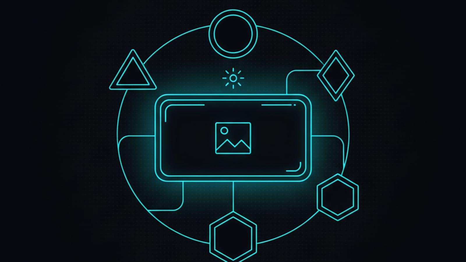 AI image canvas surrounded by abstract output-style badges