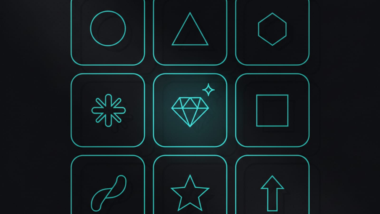 3x3 grid of abstract logo candidate marks with the chosen direction highlighted