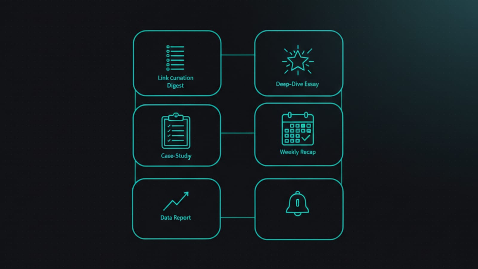 Grid illustration of six newsletter formats — curation digest, essay, case study, recap, data report, announcements