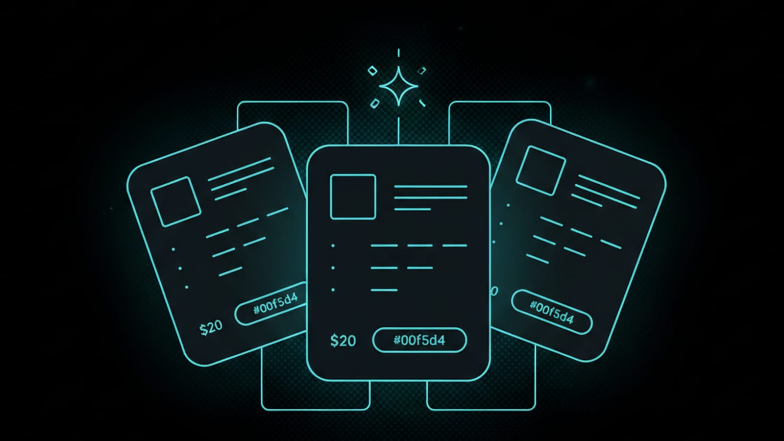 Three stylized product cards connected to an AI sparkle glyph