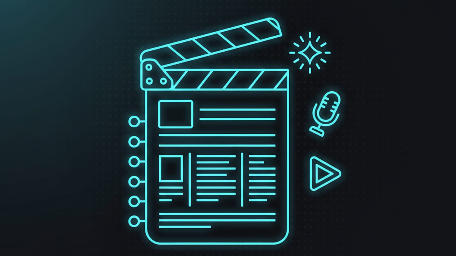 Stylized script document with scene markers, columns, and timestamp pins