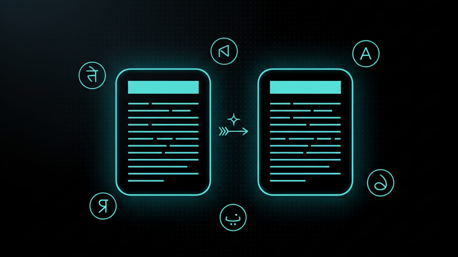 Two document cards connected by a translation arrow, surrounded by abstract language glyph badges