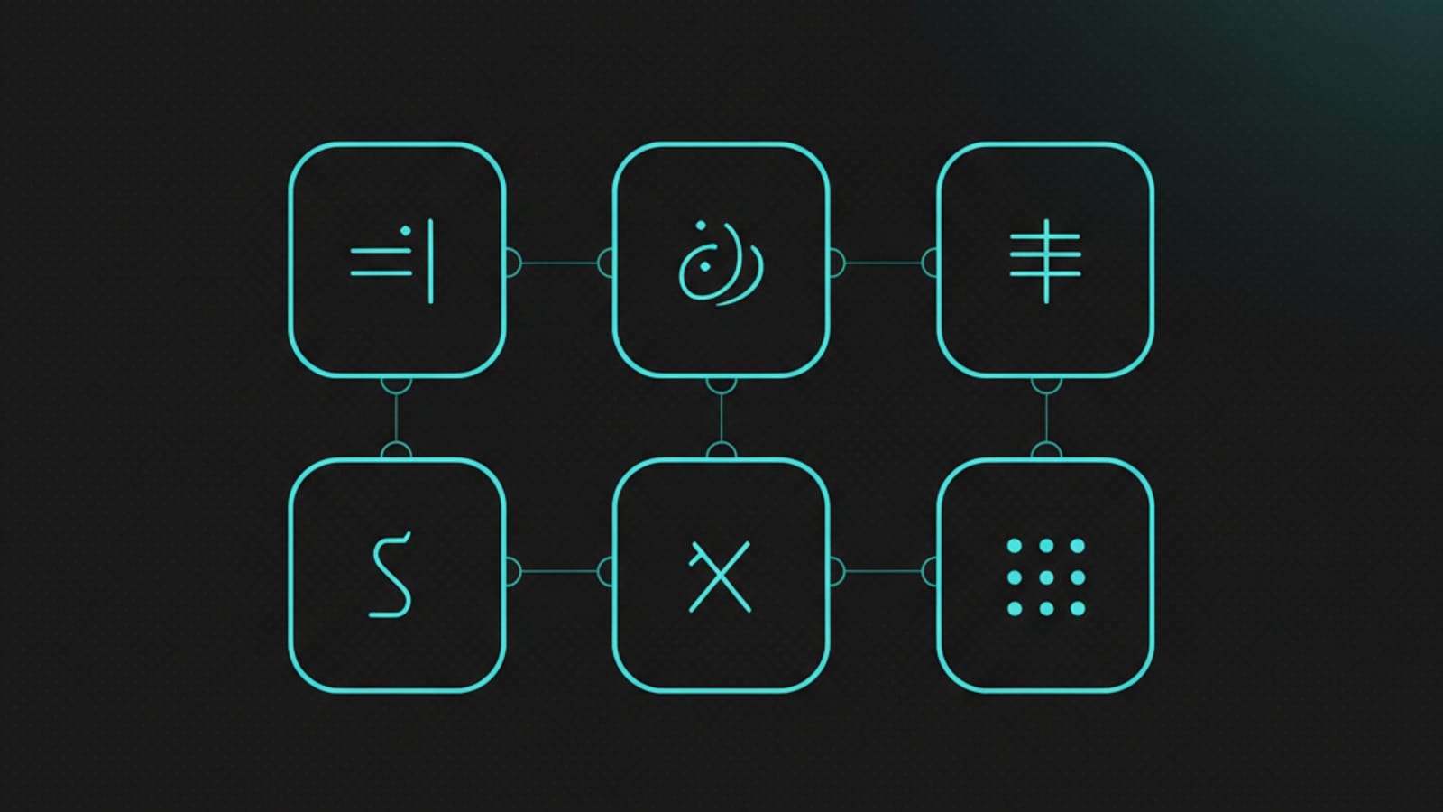 Grid illustration of six abstract script glyphs representing language families