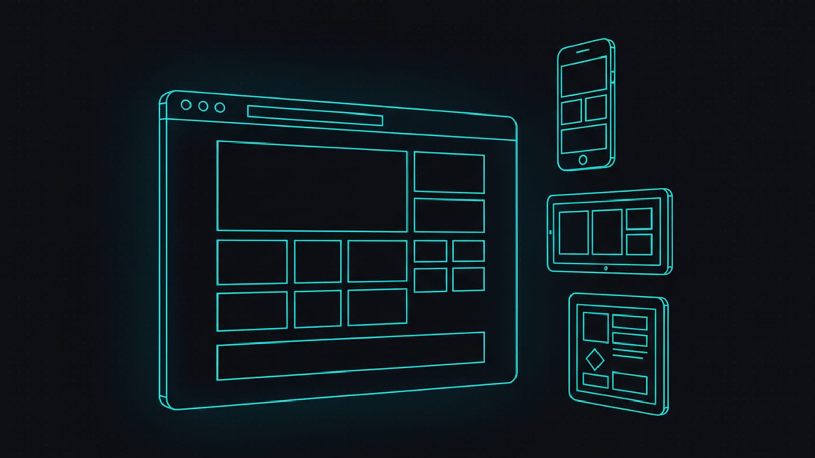 Wireframe illustration of a custom website design across desktop, tablet, and mobile breakpoints